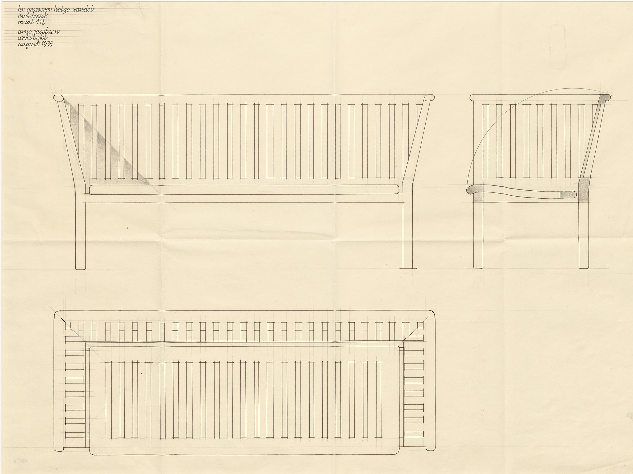 Arne Jacobsen's drawing of the bench dated 1935. Photo: The Royal Danish Library - Danish National Art Library.